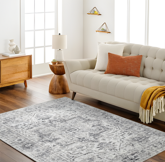 Washable Soft Grey Area Rug Anti-Slip Living Room Carpet