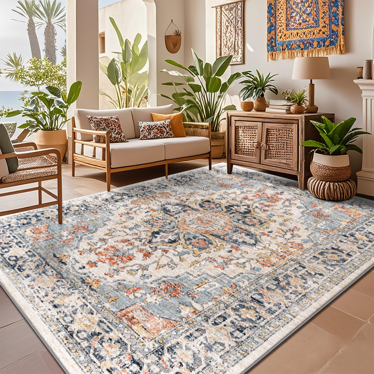 Boho Moroccan Rug Non-Shed Dining Room Floor Carpet