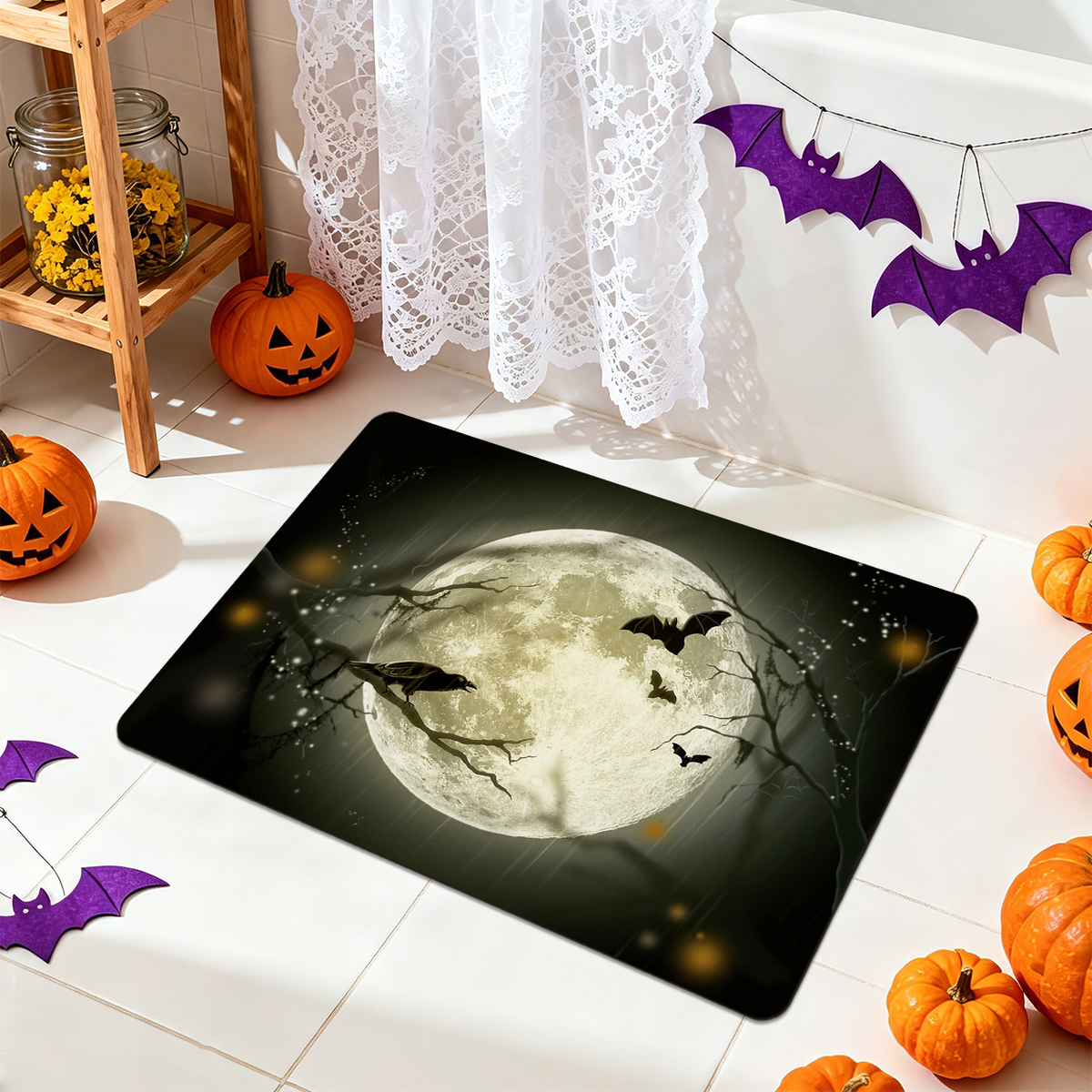 Halloween Bat Pattern Bath Mat for Seasonal Home