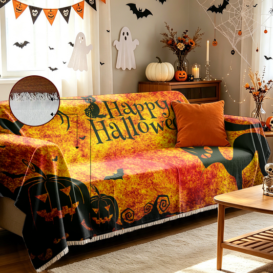 Halloween Black Cat Sofa Cover Spooky Kitty Witch Couch Slipcover Protector