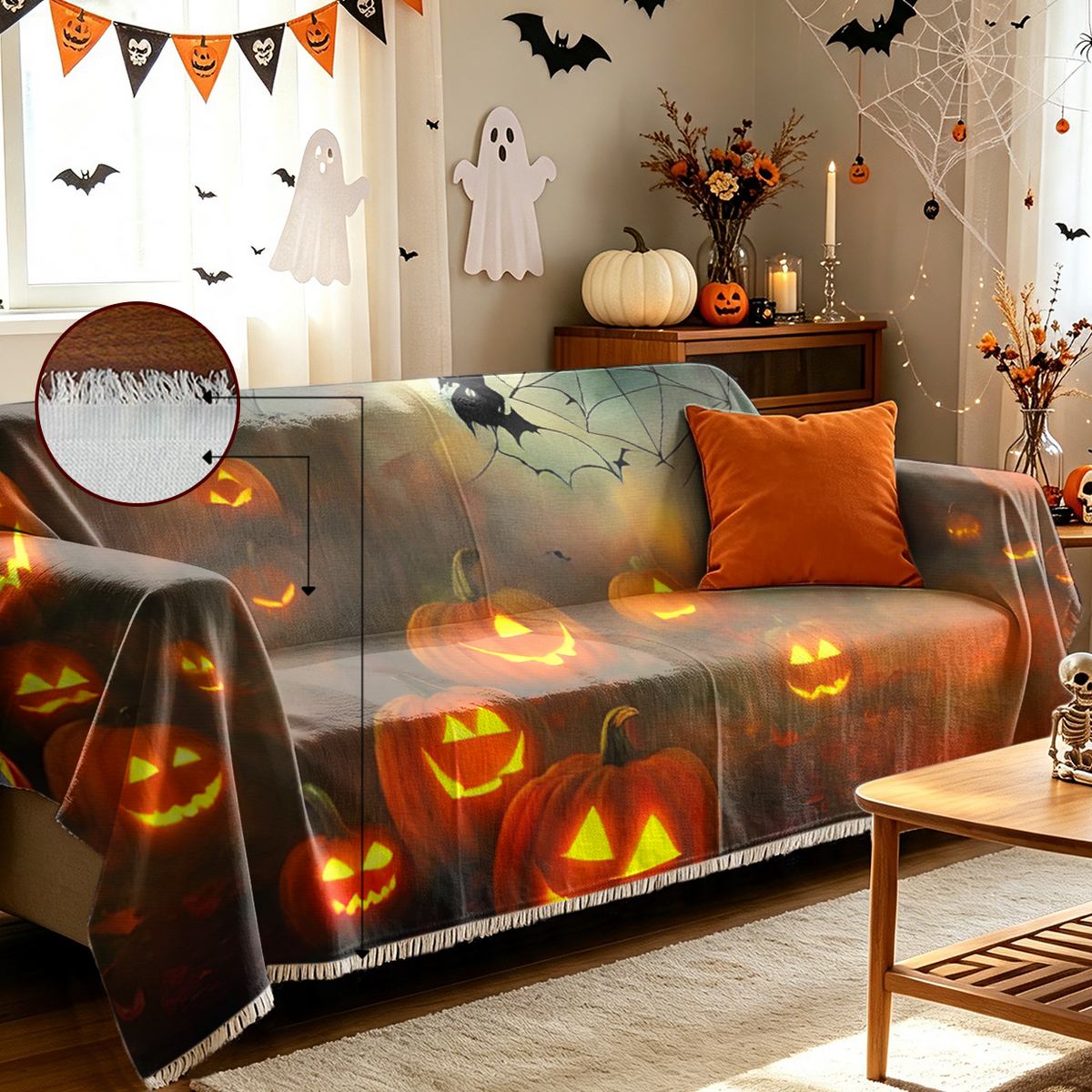 Pumpkin Maple Fall Halloween Sofa Cover Autumn Harvest Orange Couch Cover