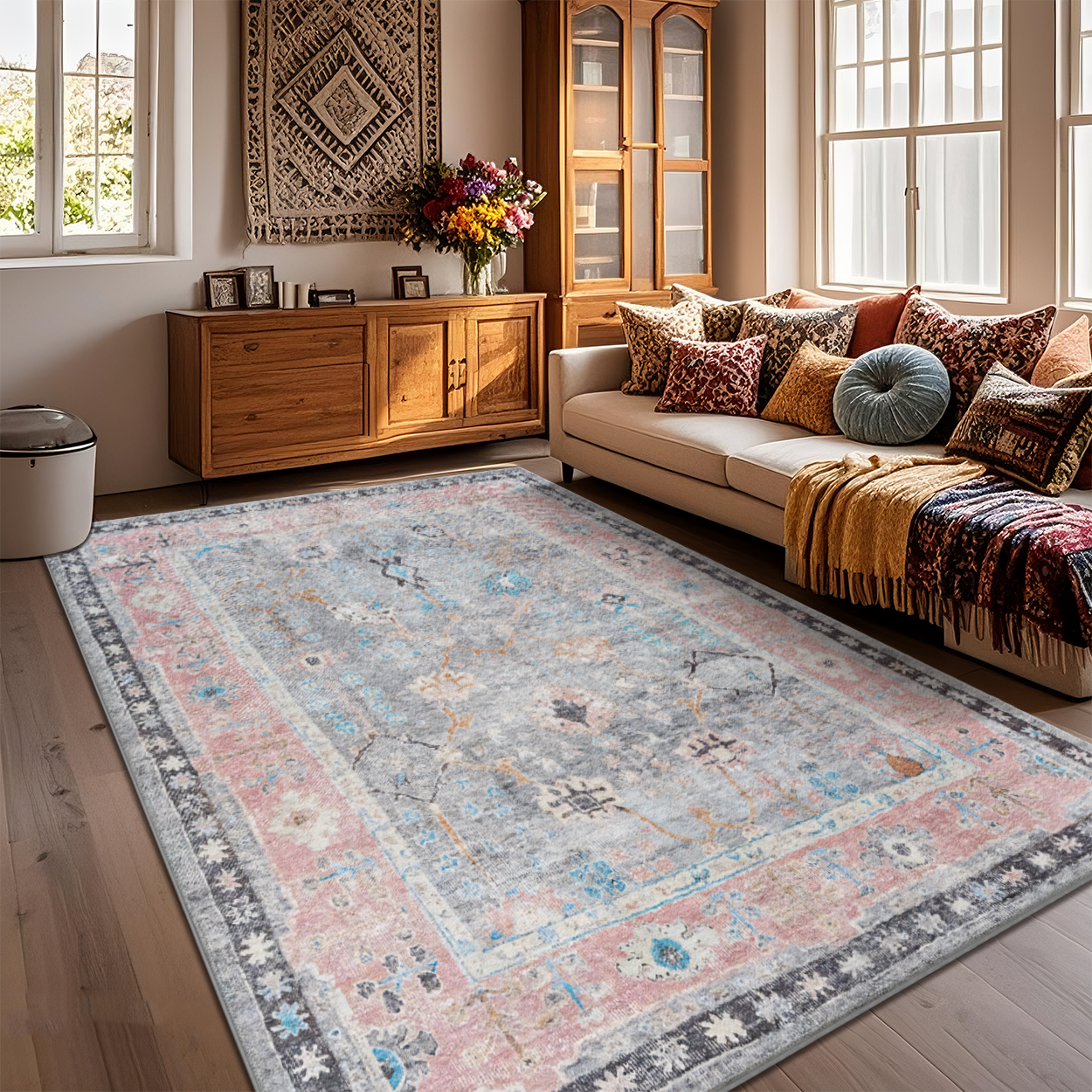 Boho Vintage Living Room Area Rug Stain Resistant Floor Carpet