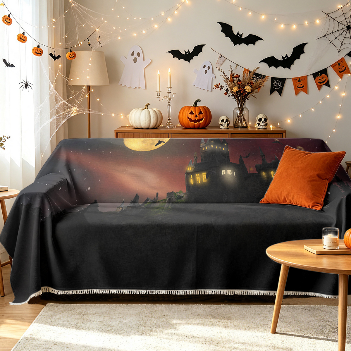 Vintage Halloween Sofa Cover Retro Spooky Classic Holiday Couch Slipcover