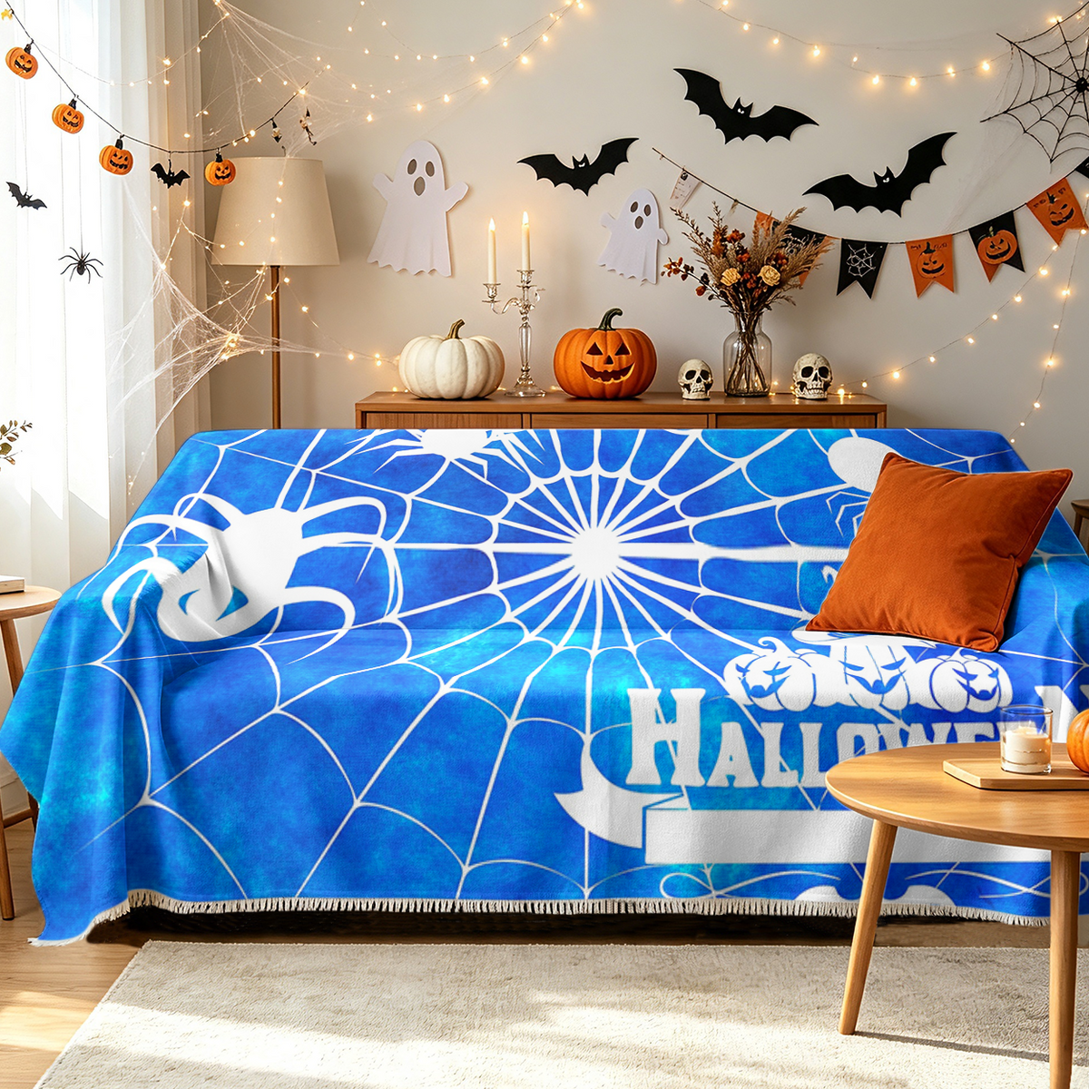 Spider Web Combo Halloween Sofa Cover Creepy Crawly Spider Couch Slipcover	Spider web combo Halloween sofa cover with creepy crawly spider design. Detailed arachnid and cobweb pattern couch slipcover creates haunted house vibe for Halloween decor.