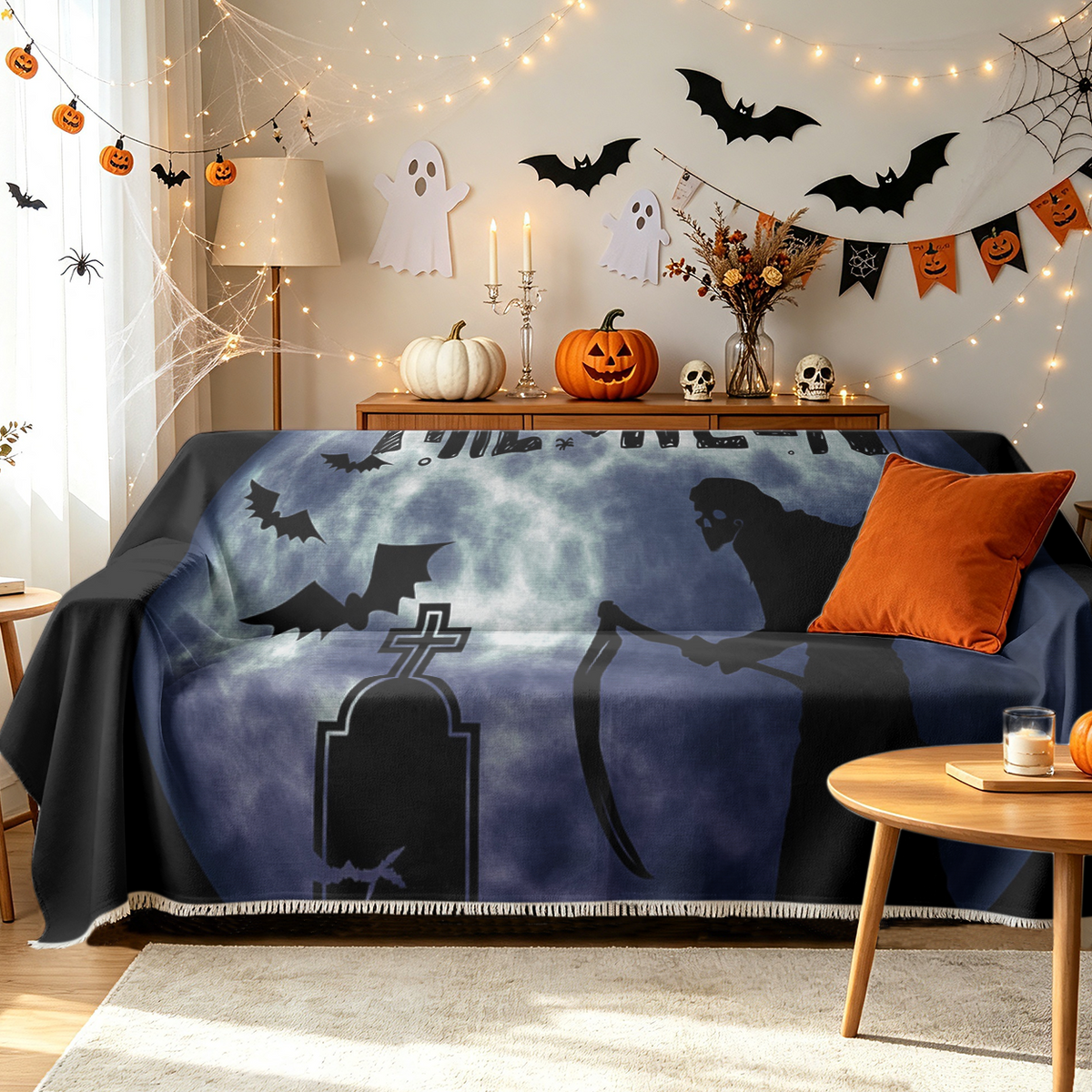 Halloween Bat Sofa Cover Flying Bats Night Sky Couch Slipcover Protector