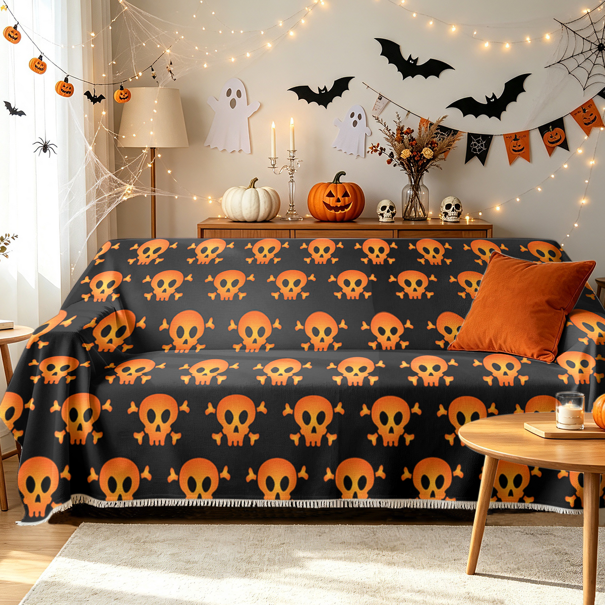 Stretch Full Cover Halloween Sofa Cover Slipcover Elastic Fit Spooky Couch Cover