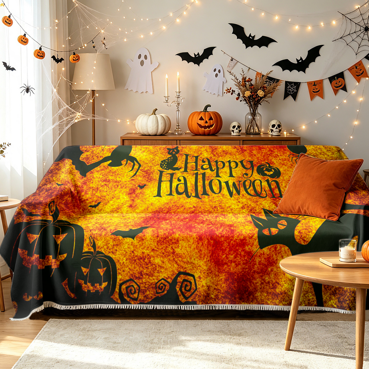 Halloween Black Cat Sofa Cover Spooky Kitty Witch Couch Slipcover Protector