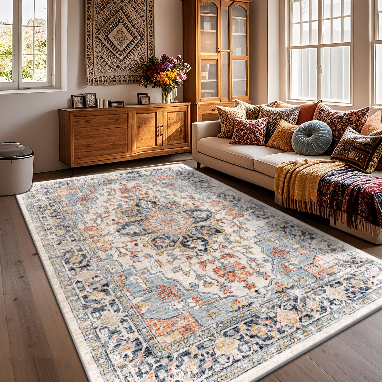 Boho Moroccan Rug Non-Shed Dining Room Floor Carpet