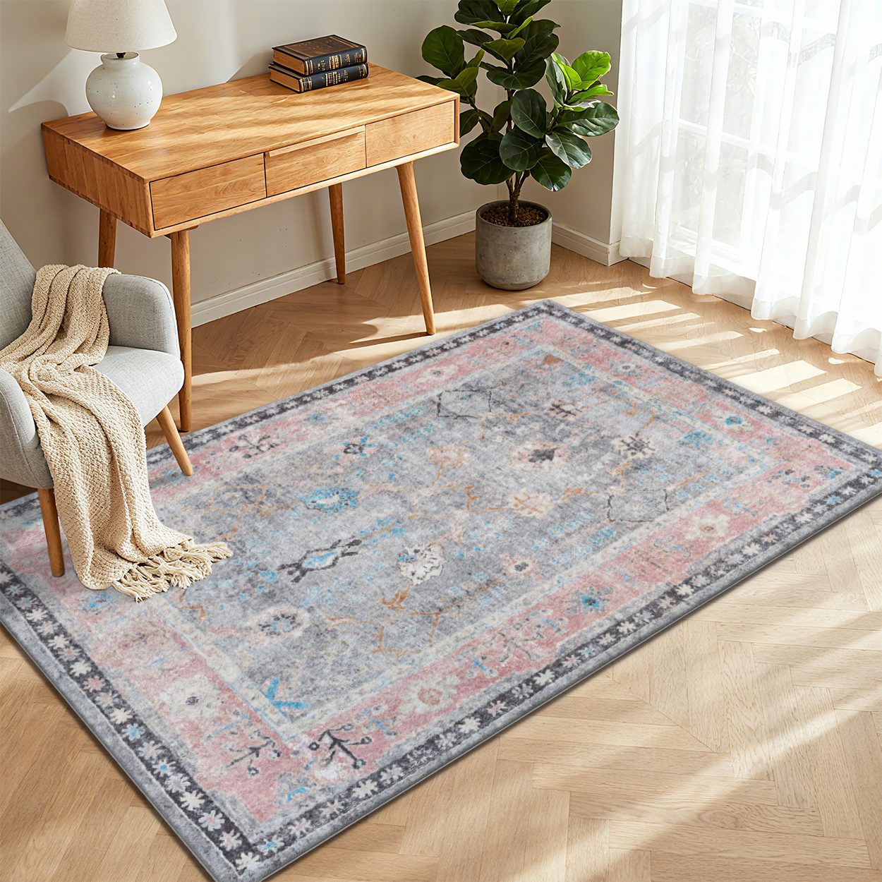 Boho Vintage Living Room Area Rug Stain Resistant Floor Carpet