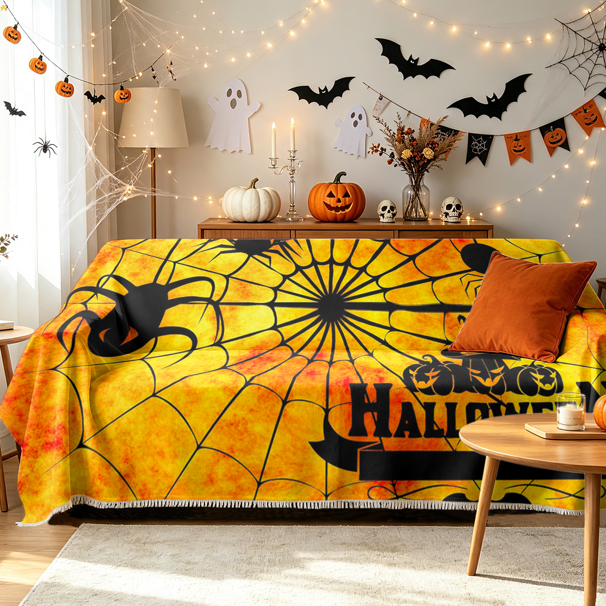 Halloween Orange Black Sofa Cover Classic Halloween Colors Couch Slipcover