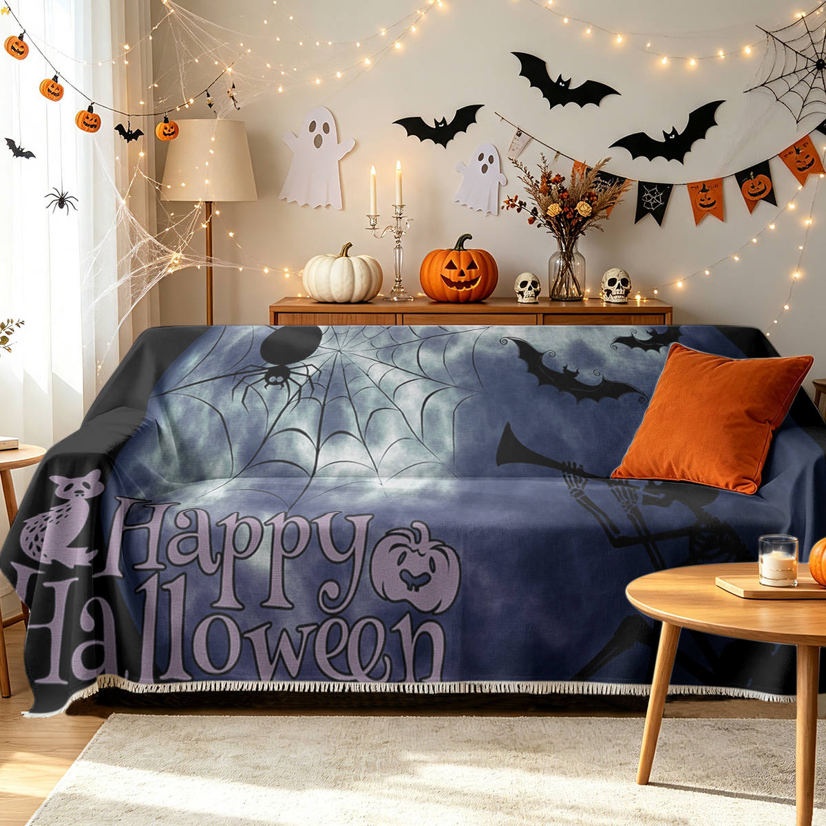 Happy Halloween Text Sofa Cover Holiday Greeting Spooky Couch Slipcover