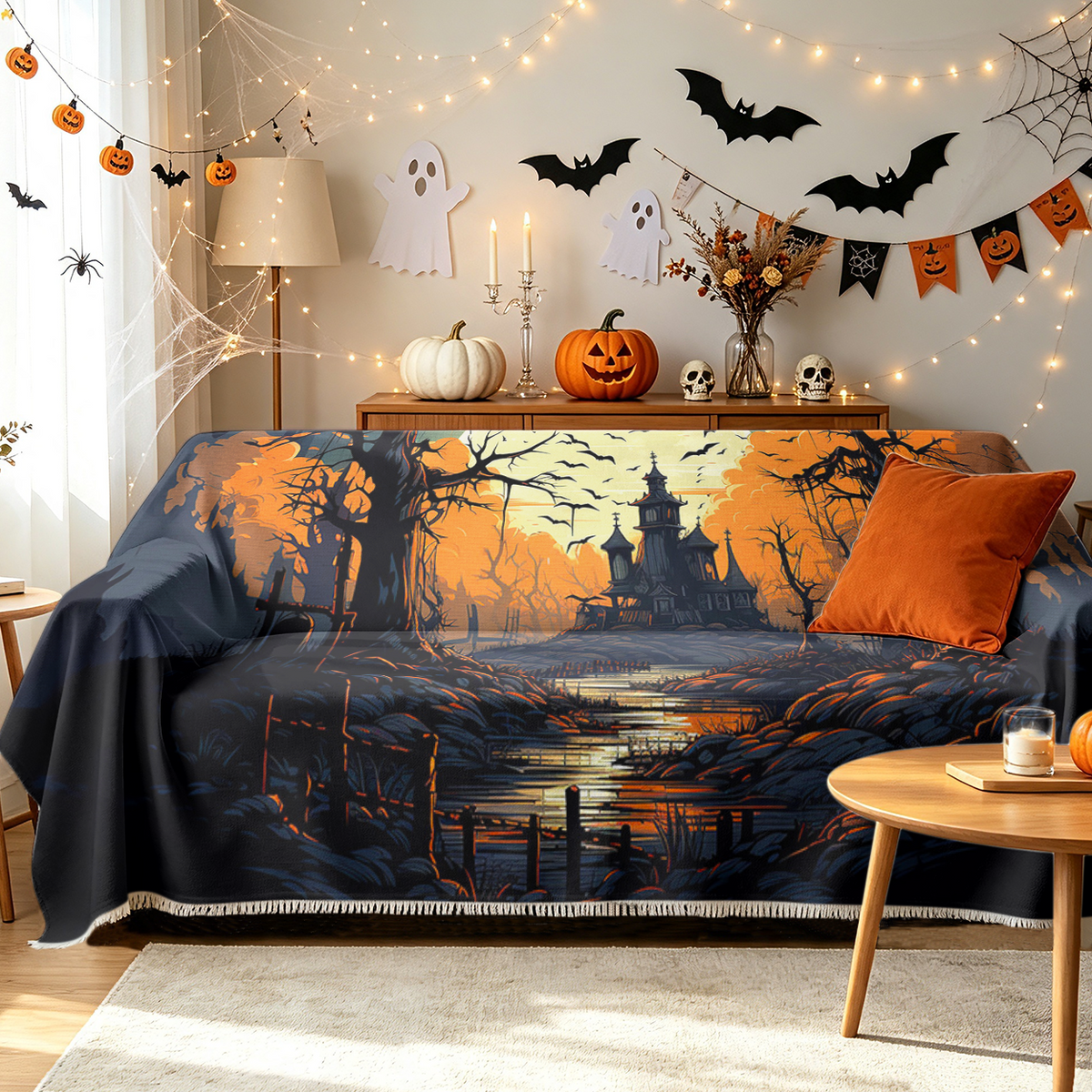 Bat Swarm Halloween Sofa Cover Flying Black Bat Colony Spooky Couch Cover