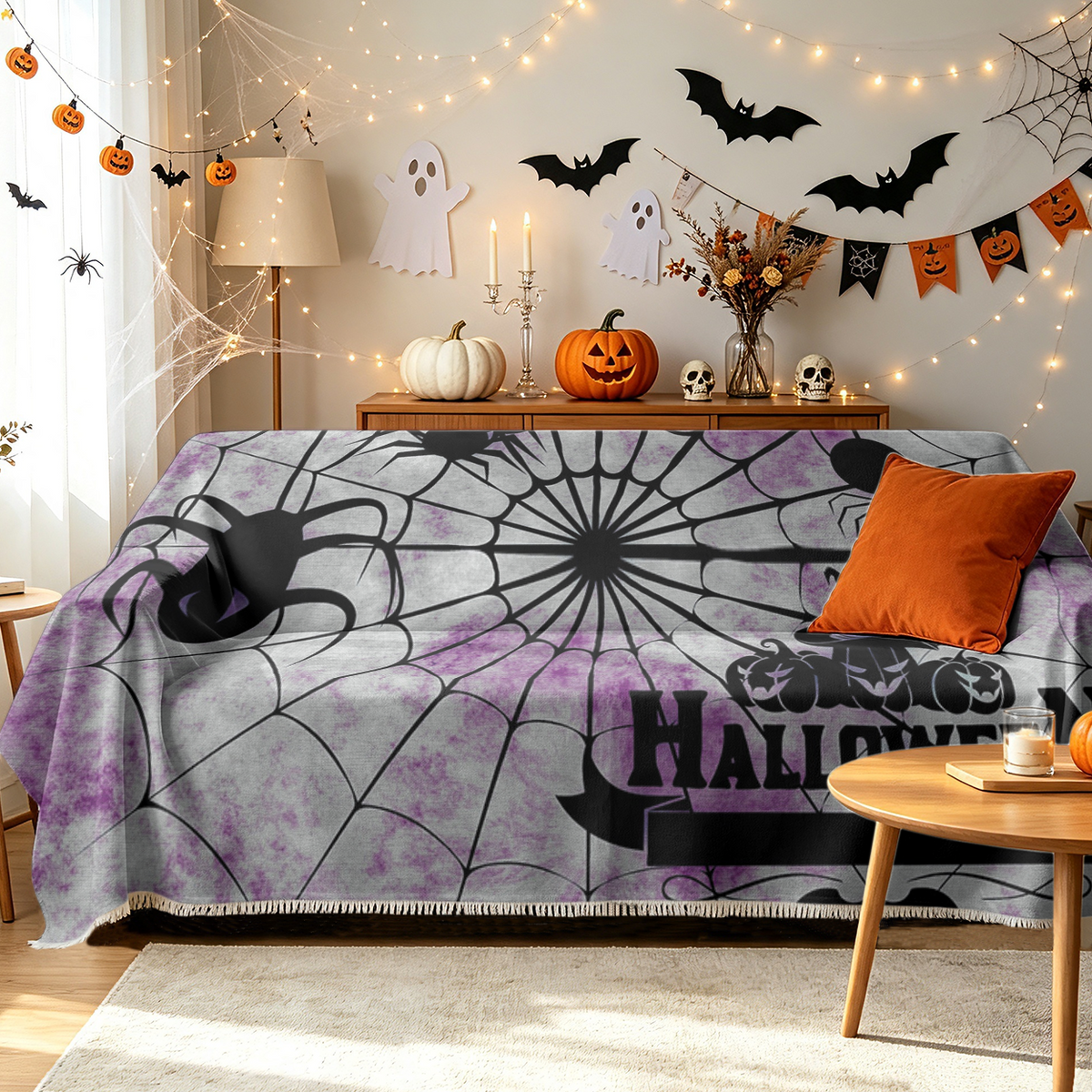 Halloween Spider Web Sofa Cover Cobweb Creepy Spooky Couch Slipcover