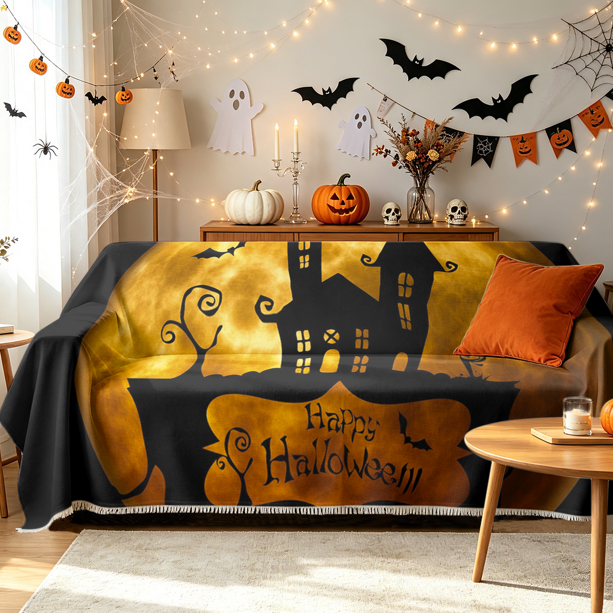Cute Halloween Sofa Cover Kawaii Spooky Kids Friendly Couch Slipcover