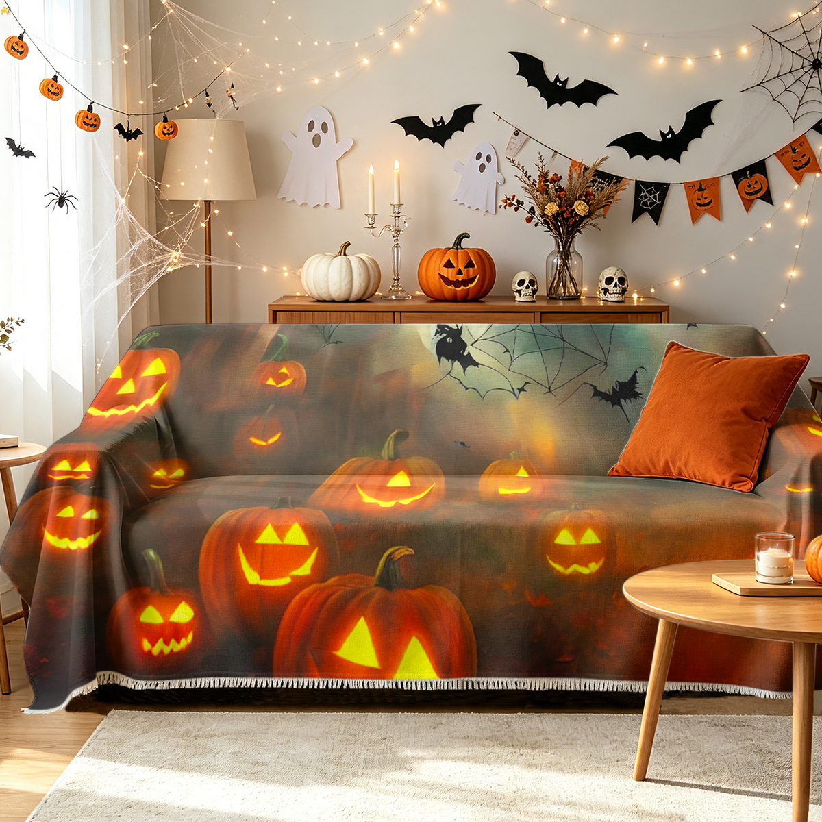 Pumpkin Maple Fall Halloween Sofa Cover Autumn Harvest Orange Couch Cover