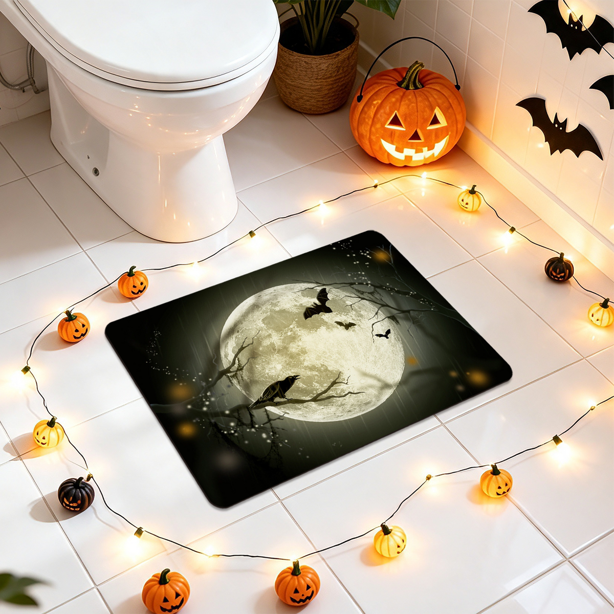 Halloween Bat Pattern Bath Mat for Seasonal Home