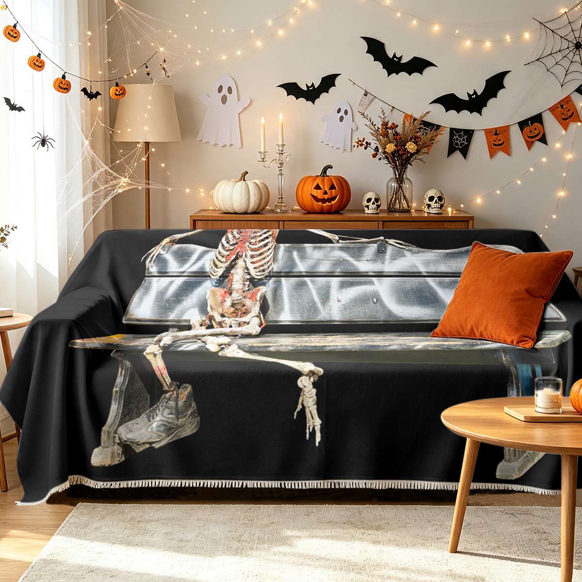 Halloween Skull Skeleton Sofa Cover Gothic Scary Couch Slipcover Decor