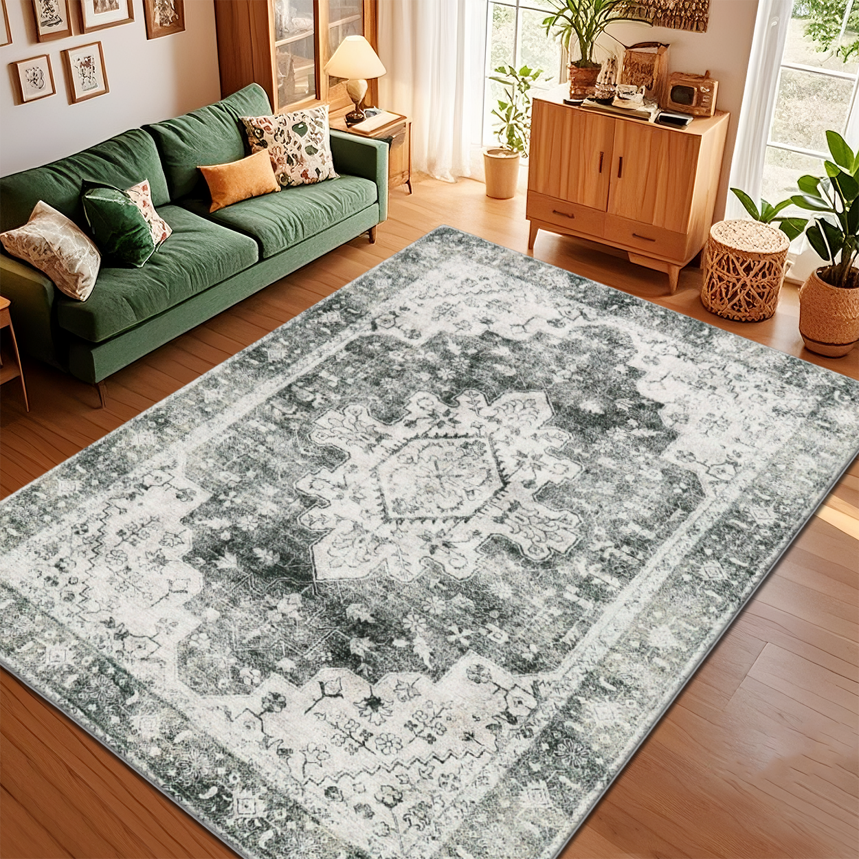 Machine Washable Quick Dry Living Room Rug Sage Gray Microfiber Carpet