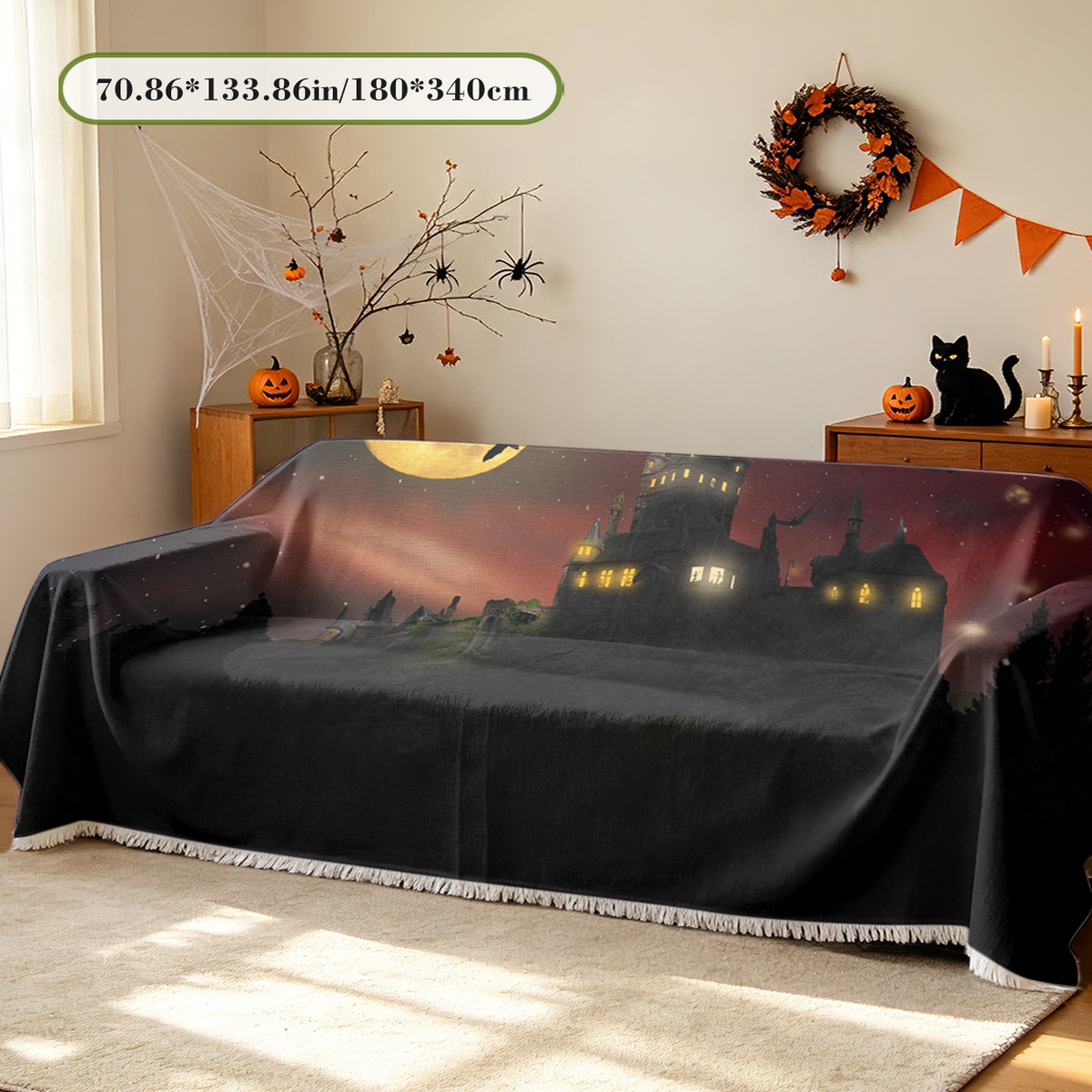 Vintage Halloween Sofa Cover Retro Spooky Classic Holiday Couch Slipcover