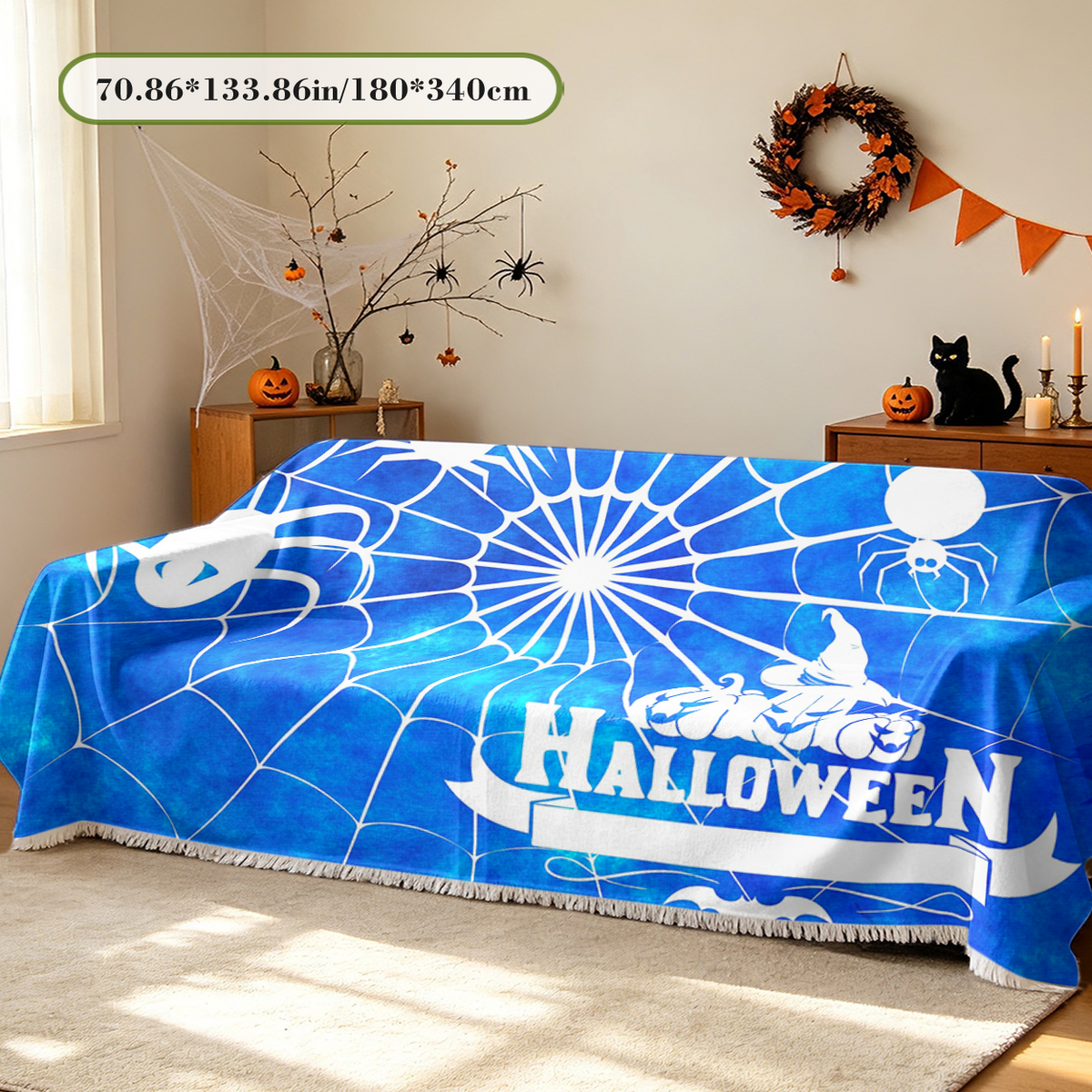 Spider Web Combo Halloween Sofa Cover Creepy Crawly Spider Couch Slipcover	Spider web combo Halloween sofa cover with creepy crawly spider design. Detailed arachnid and cobweb pattern couch slipcover creates haunted house vibe for Halloween decor.