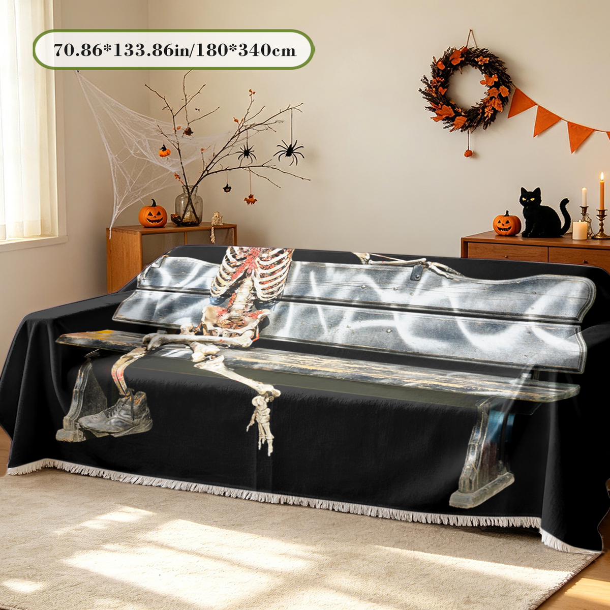 Halloween Skull Skeleton Sofa Cover Gothic Scary Couch Slipcover Decor