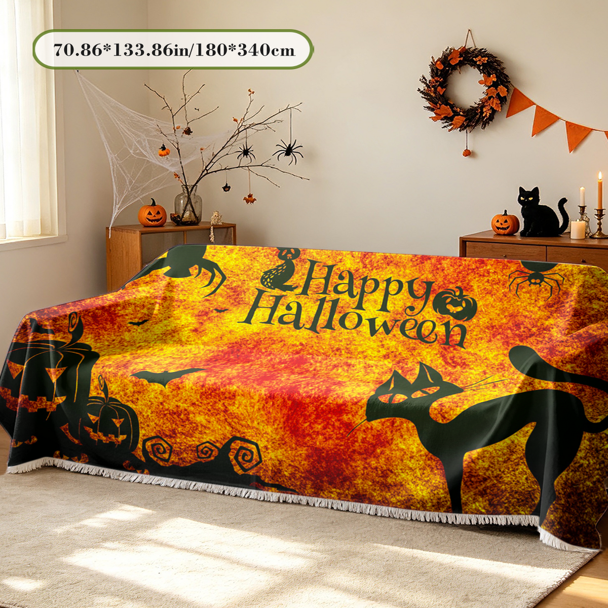Halloween Black Cat Sofa Cover Spooky Kitty Witch Couch Slipcover Protector