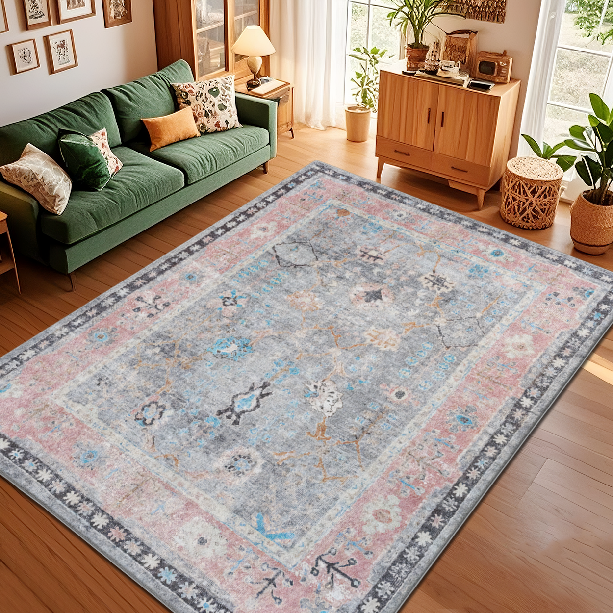 Boho Vintage Living Room Area Rug Stain Resistant Floor Carpet
