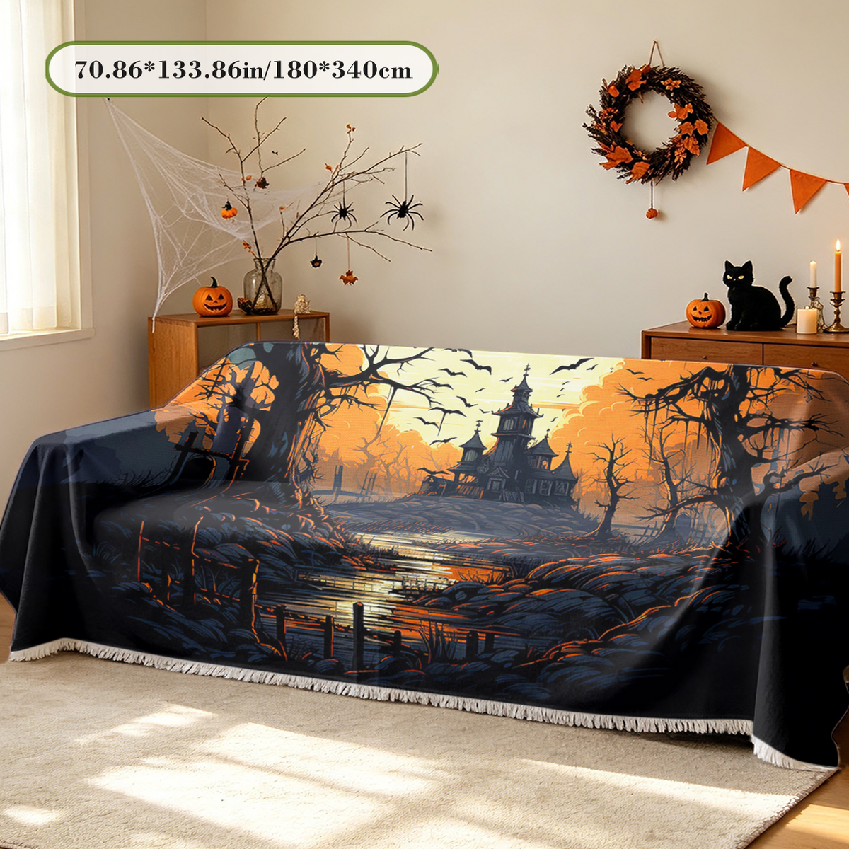 Haunted Dead Tree Halloween Sofa Cover Spooky Bare Branch Crow Couch Cover