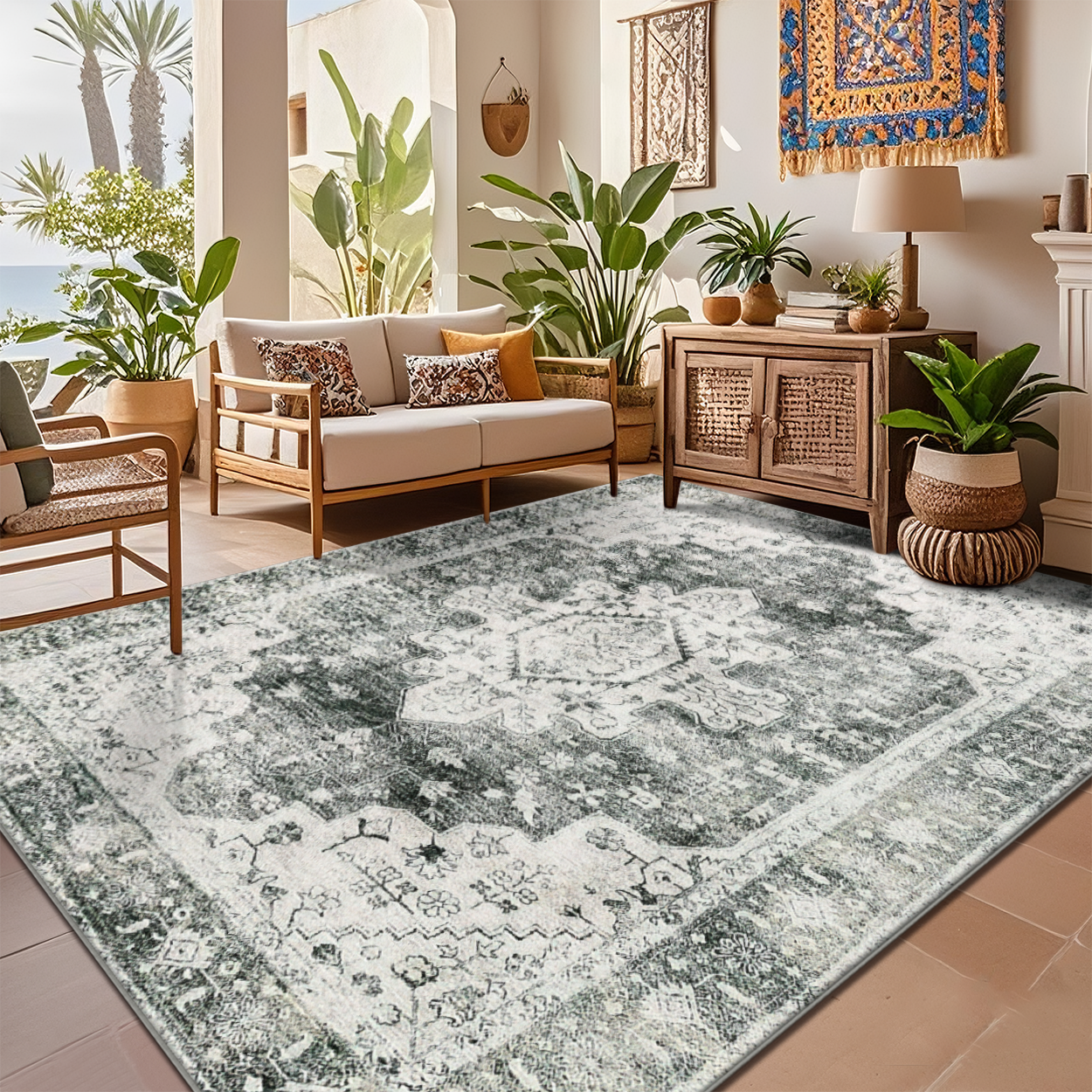 Machine Washable Quick Dry Living Room Rug Sage Gray Microfiber Carpet