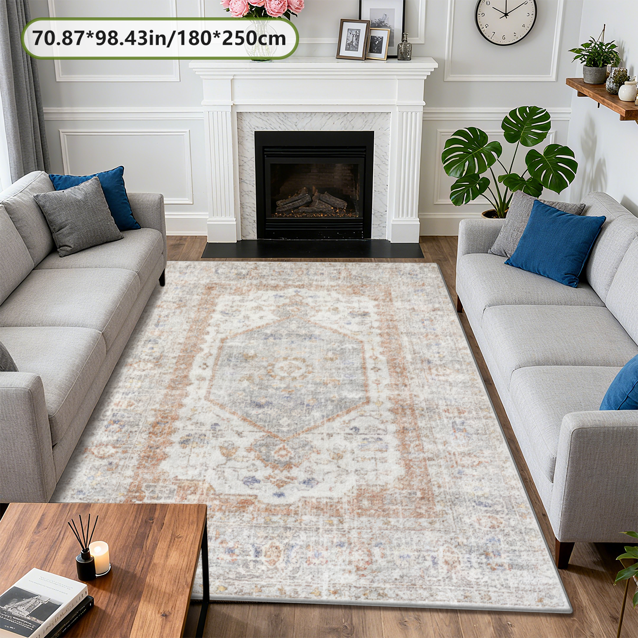 Vintage European Floral Living Room Rug Washable Fade Resistant Carpet