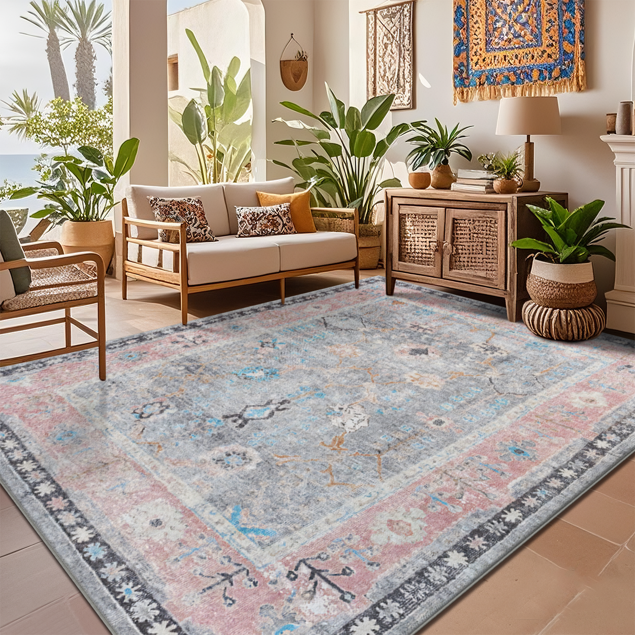 Boho Vintage Living Room Area Rug Stain Resistant Floor Carpet
