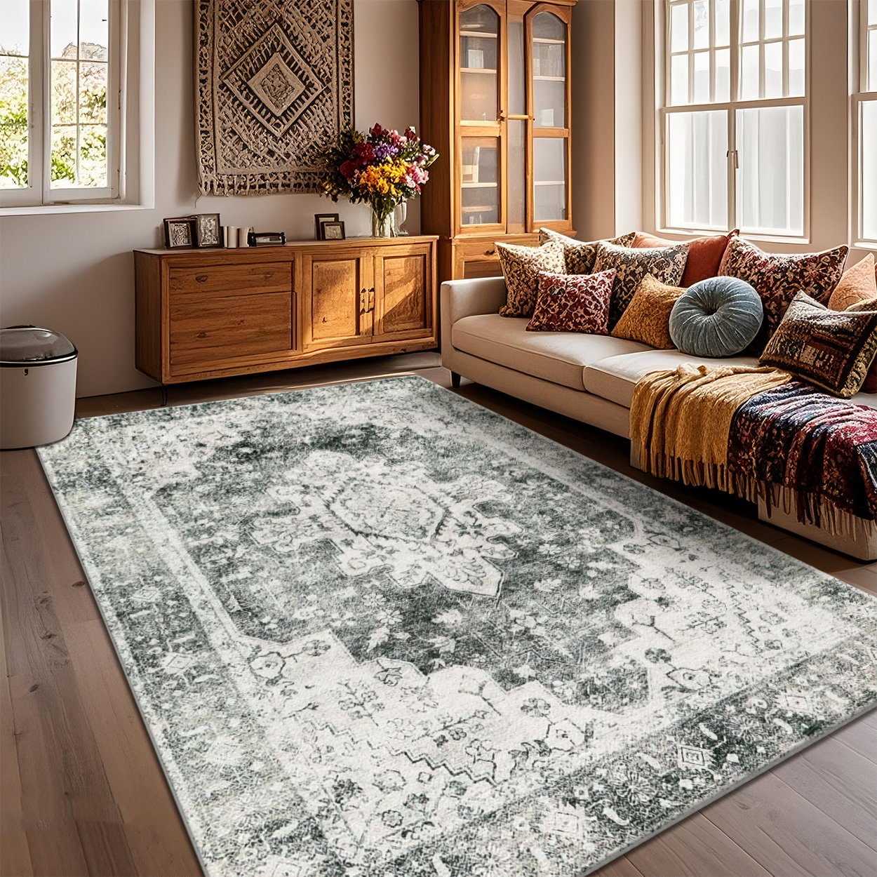 Machine Washable Quick Dry Living Room Rug Sage Gray Microfiber Carpet