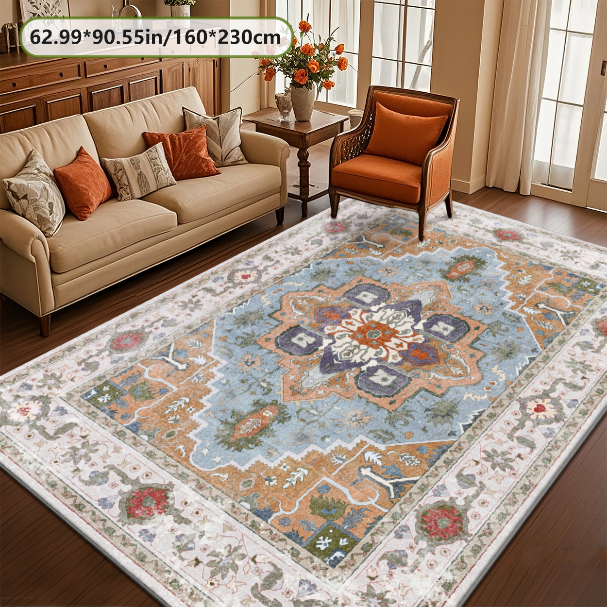 Large Cream Floral Living Room Rug Fade Resistant Indoor Area Carpet