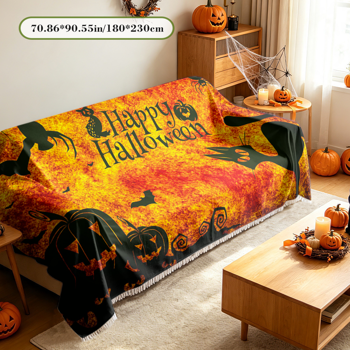 Halloween Black Cat Sofa Cover Spooky Kitty Witch Couch Slipcover Protector