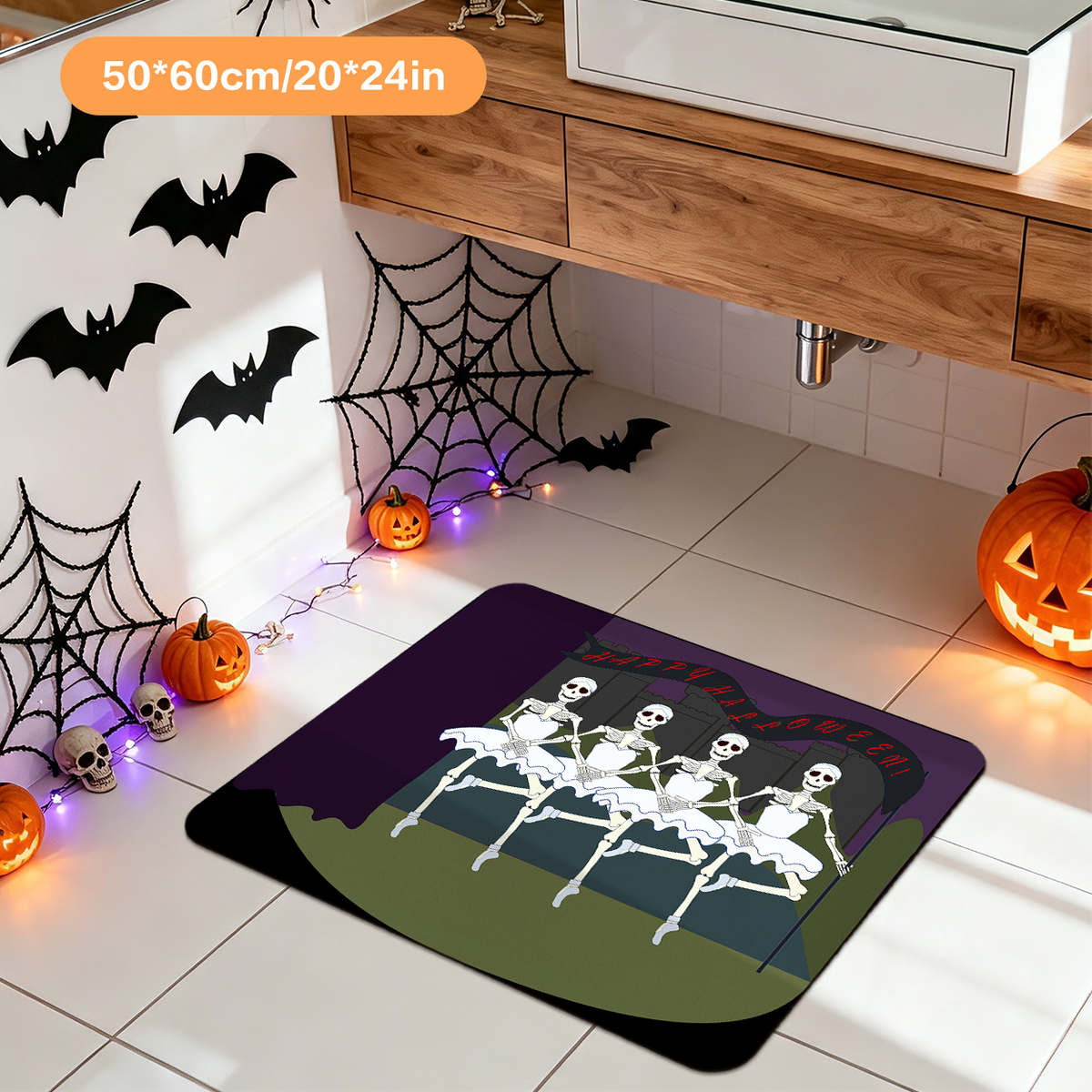 Halloween Skeleton Print Bathroom Absorbent Rug