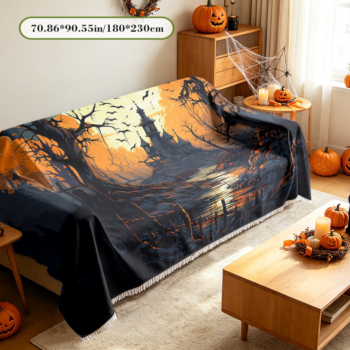 Bat Swarm Halloween Sofa Cover Flying Black Bat Colony Spooky Couch Cover