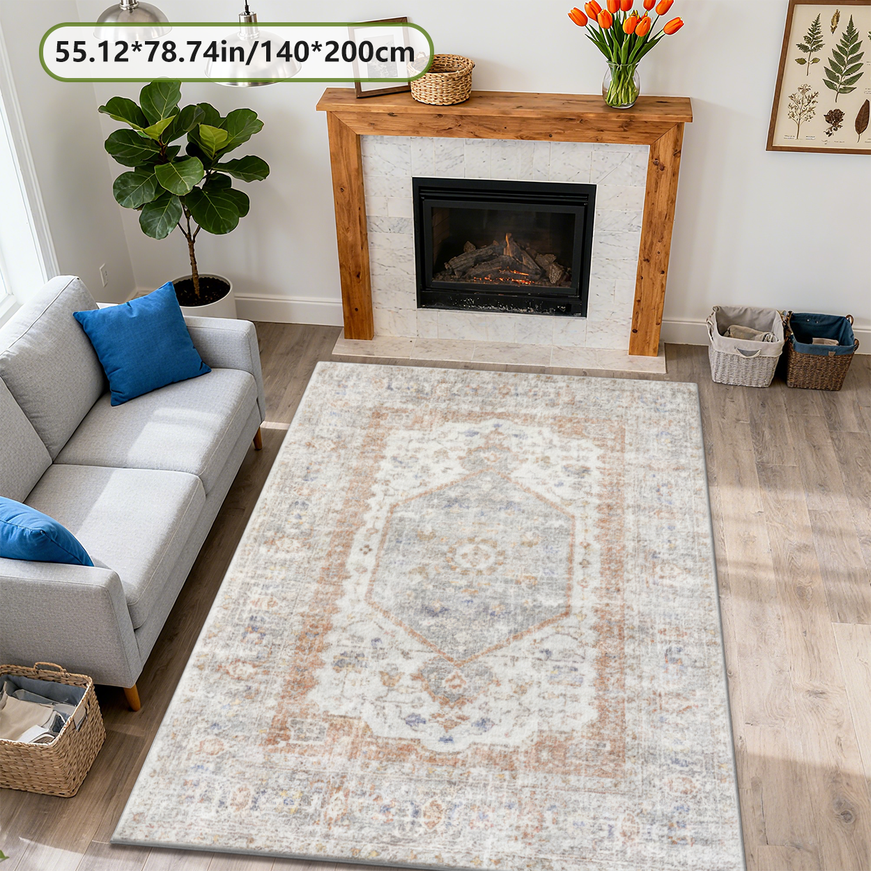 Vintage European Floral Living Room Rug Washable Fade Resistant Carpet