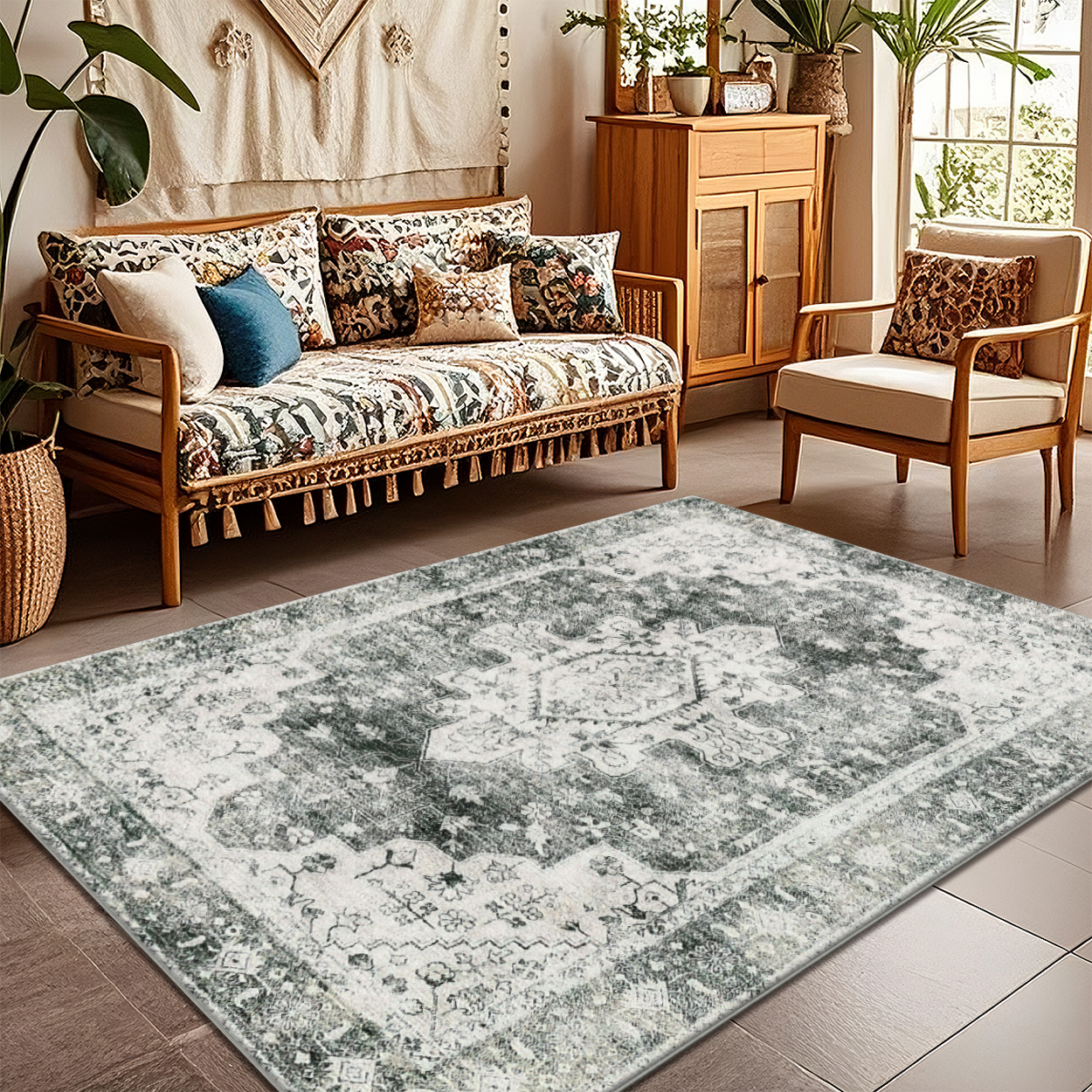 Machine Washable Quick Dry Living Room Rug Sage Gray Microfiber Carpet