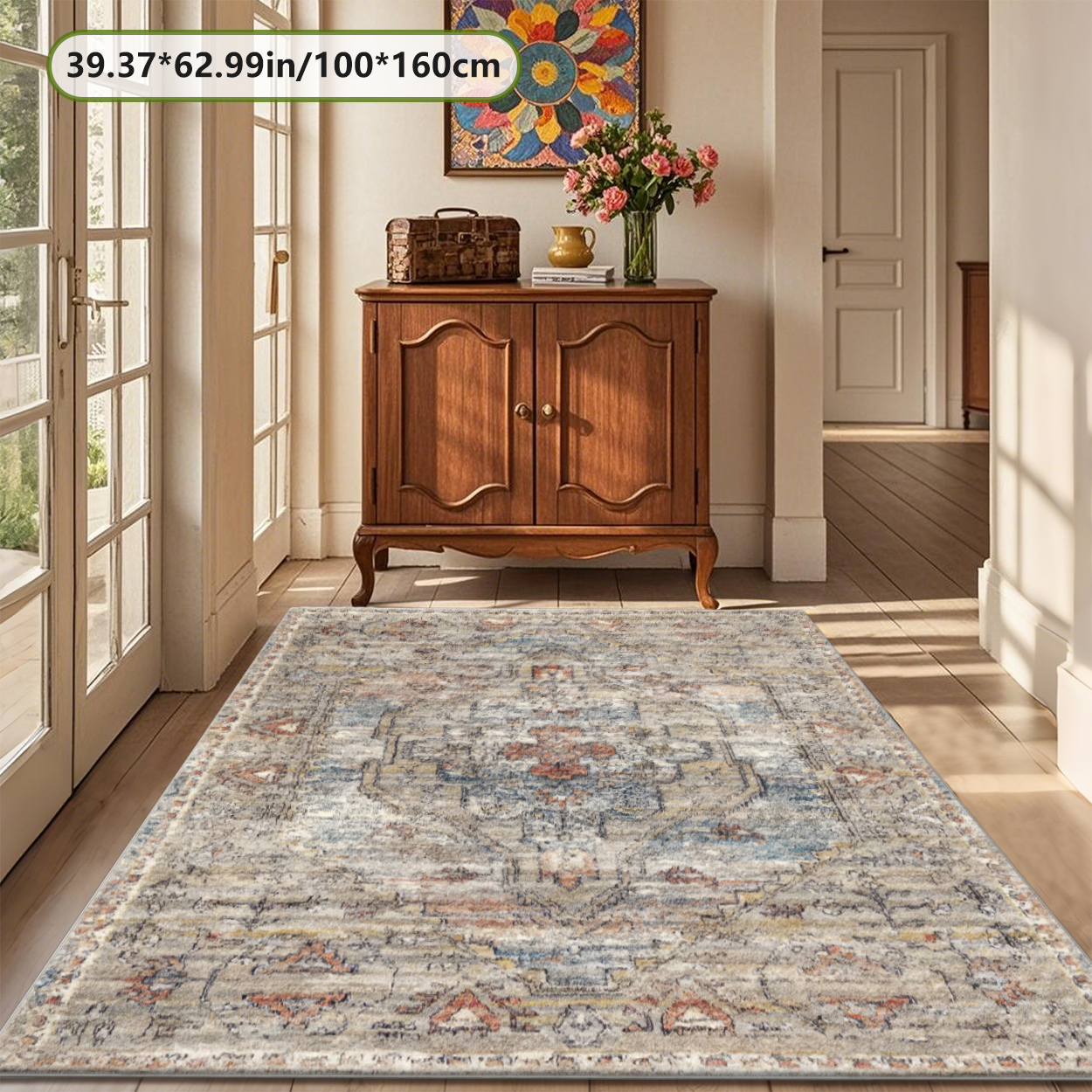 Thin Flat Weave Multi Neutral Living Room Rug Door Friendly Under Sofa Carpet