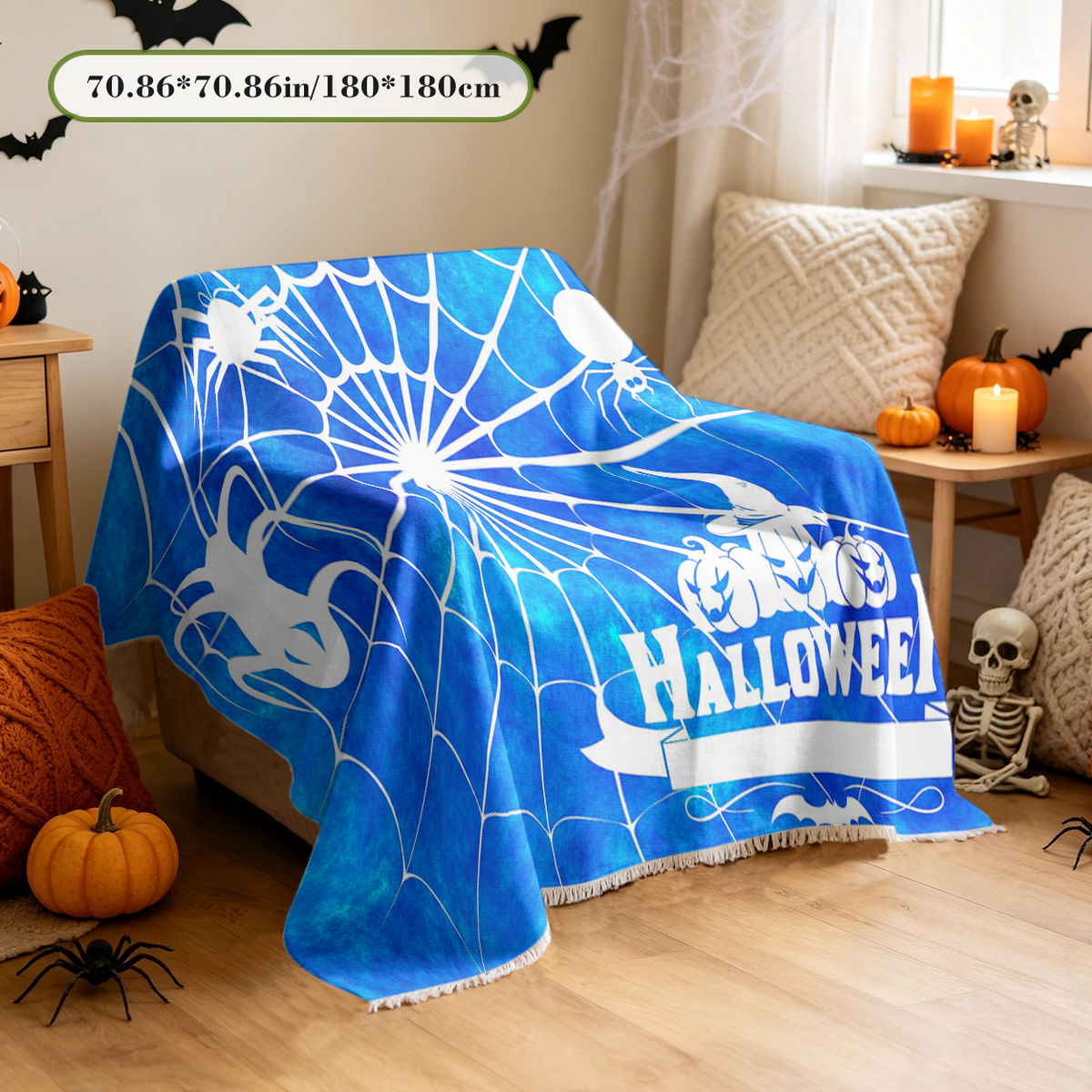 Spider Web Combo Halloween Sofa Cover Creepy Crawly Spider Couch Slipcover	Spider web combo Halloween sofa cover with creepy crawly spider design. Detailed arachnid and cobweb pattern couch slipcover creates haunted house vibe for Halloween decor.