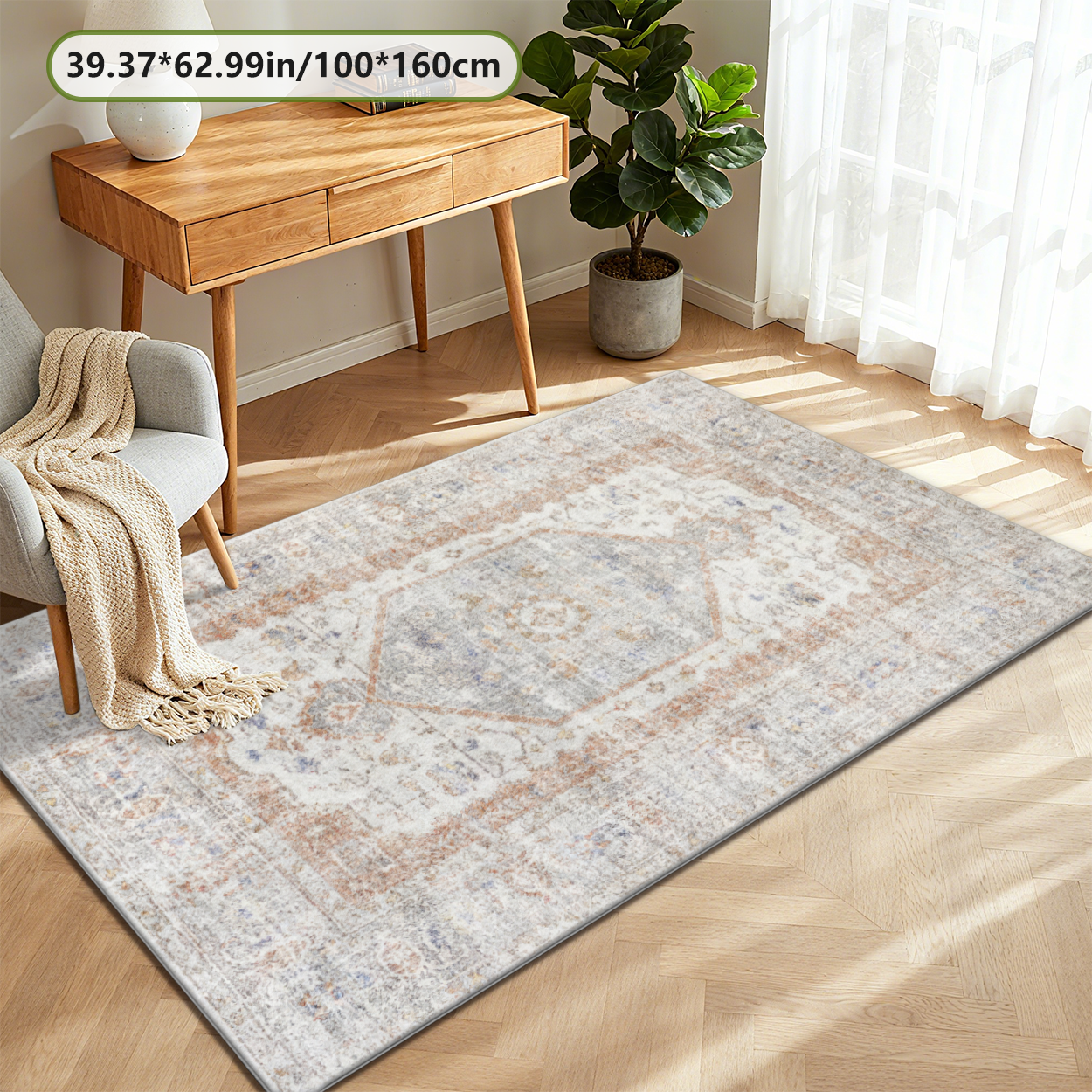 Vintage European Floral Living Room Rug Washable Fade Resistant Carpet