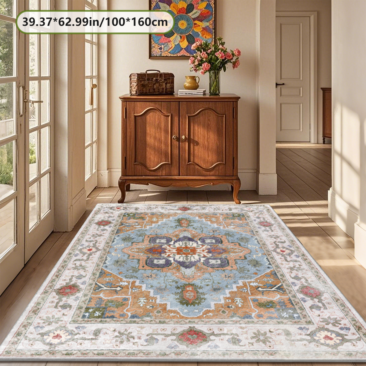 Large Cream Floral Living Room Rug Fade Resistant Indoor Area Carpet