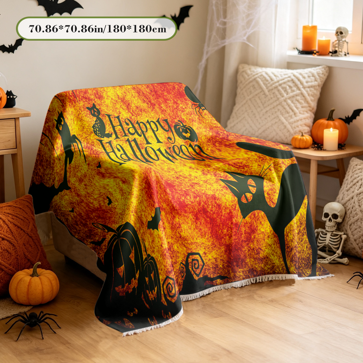 Halloween Black Cat Sofa Cover Spooky Kitty Witch Couch Slipcover Protector