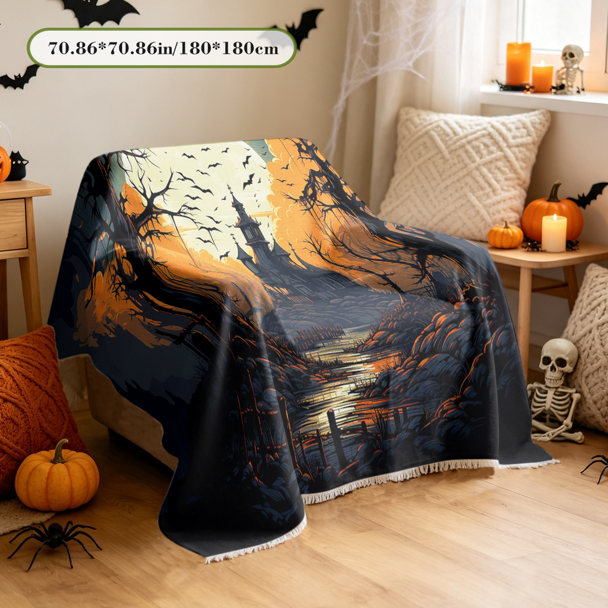 Bat Swarm Halloween Sofa Cover Flying Black Bat Colony Spooky Couch Cover