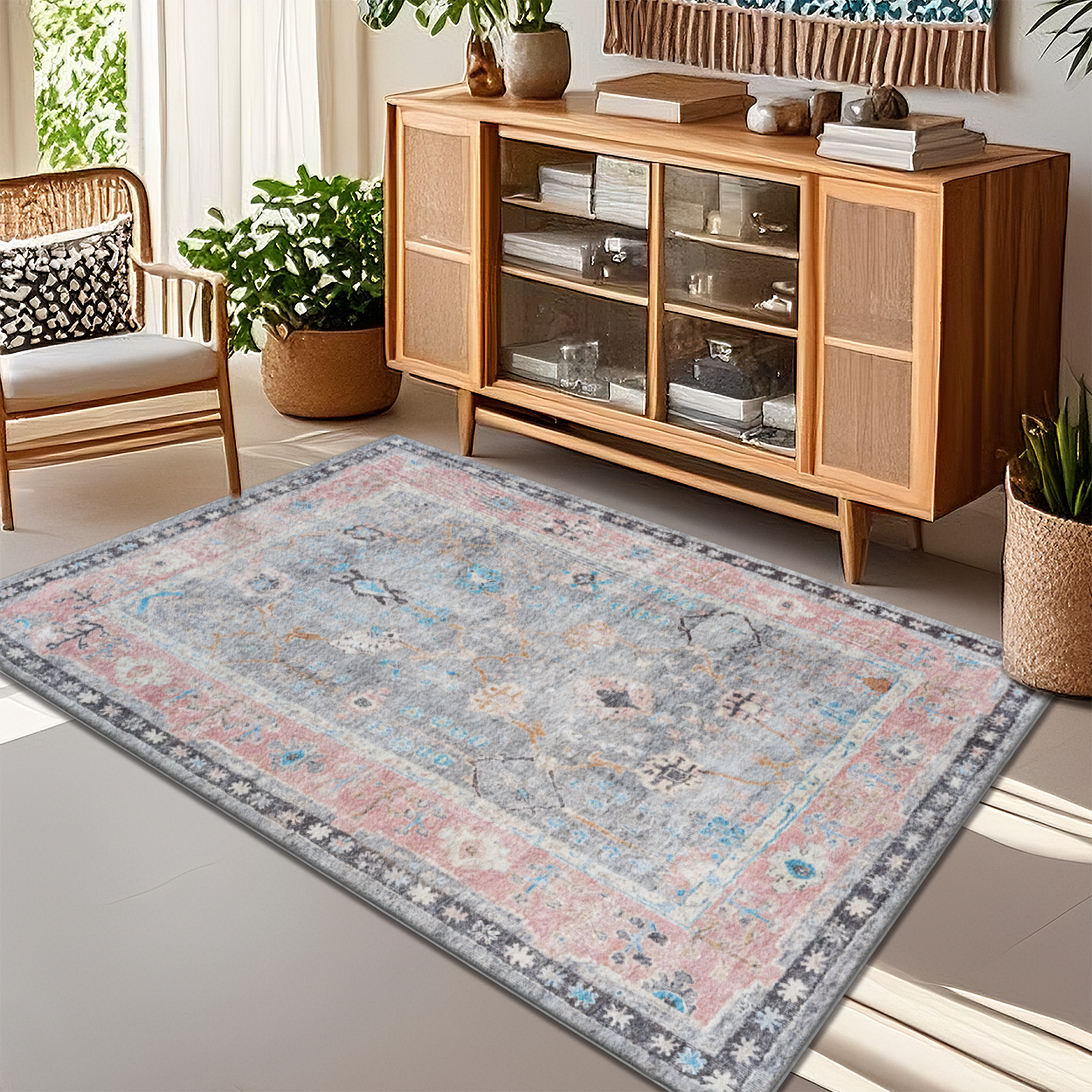 Boho Vintage Living Room Area Rug Stain Resistant Floor Carpet