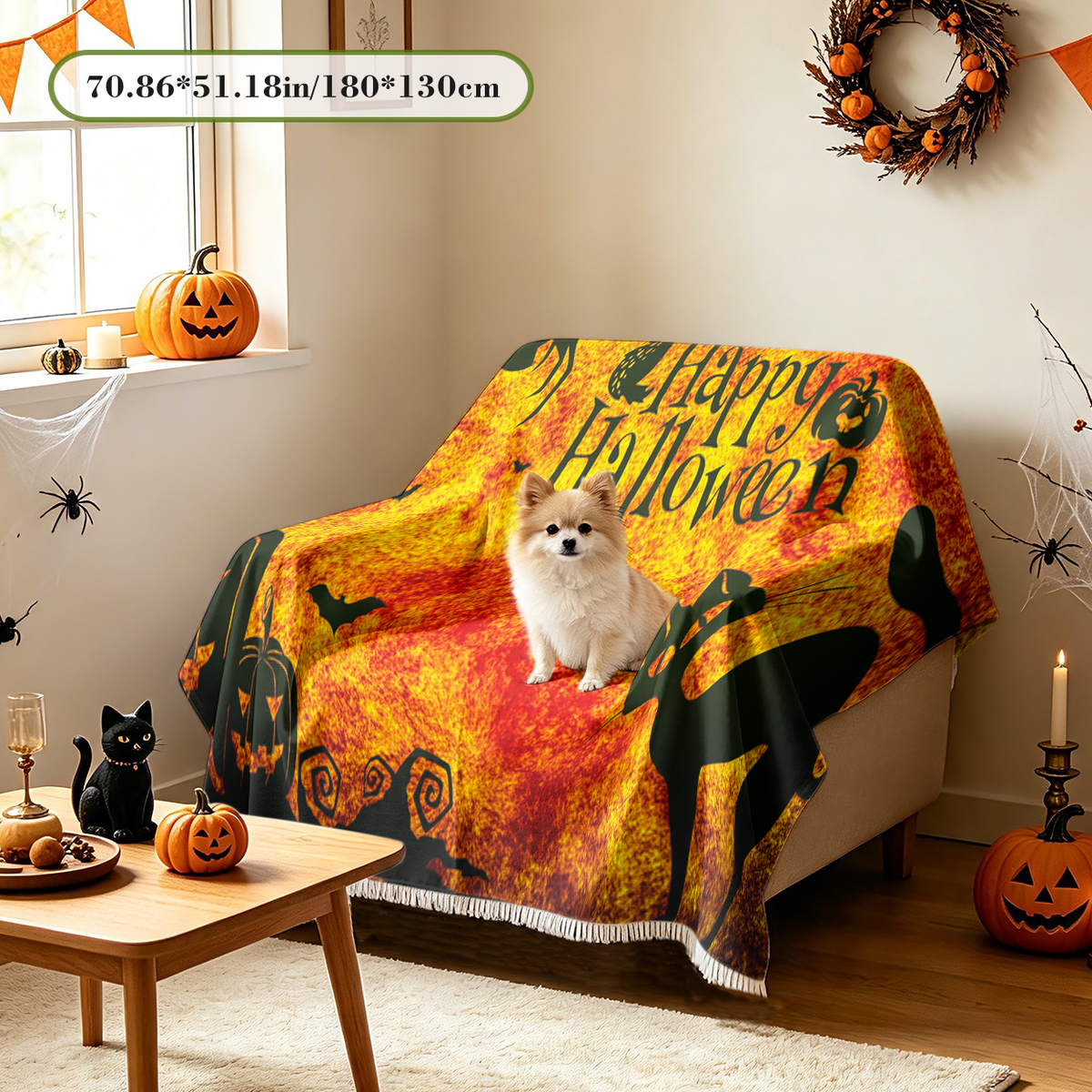 Halloween Black Cat Sofa Cover Spooky Kitty Witch Couch Slipcover Protector