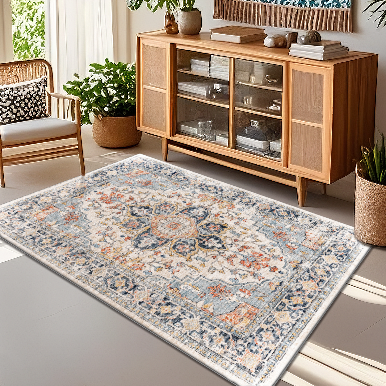 Boho Moroccan Rug Non-Shed Dining Room Floor Carpet