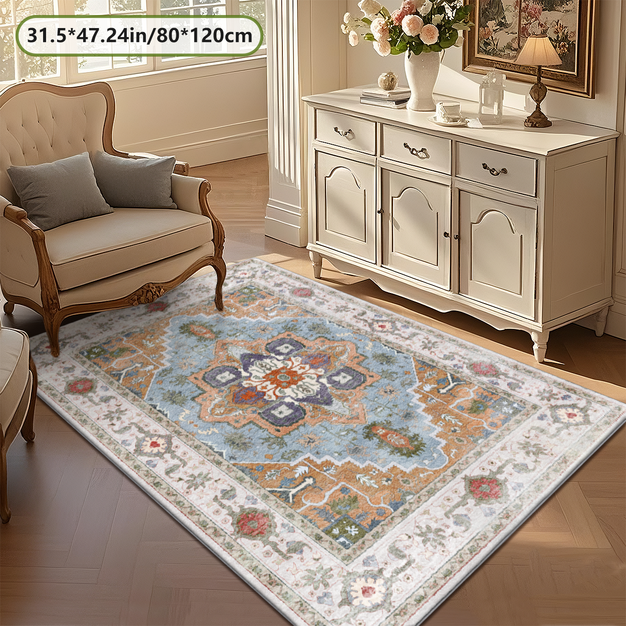 Large Cream Floral Living Room Rug Fade Resistant Indoor Area Carpet