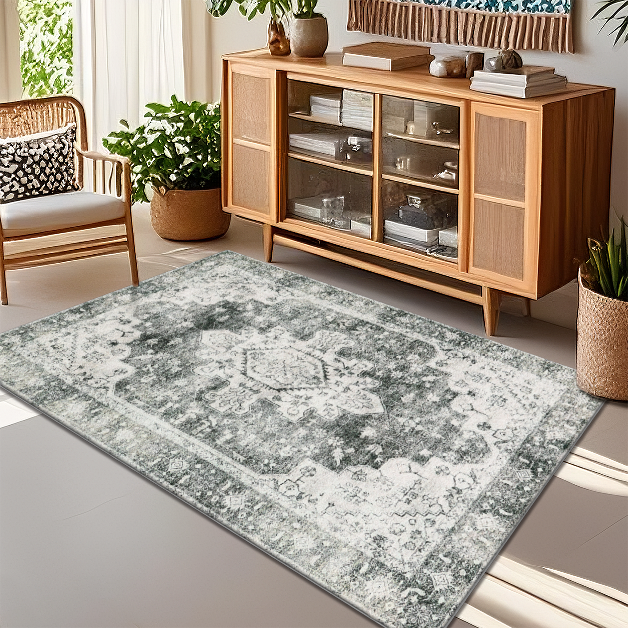 Machine Washable Quick Dry Living Room Rug Sage Gray Microfiber Carpet
